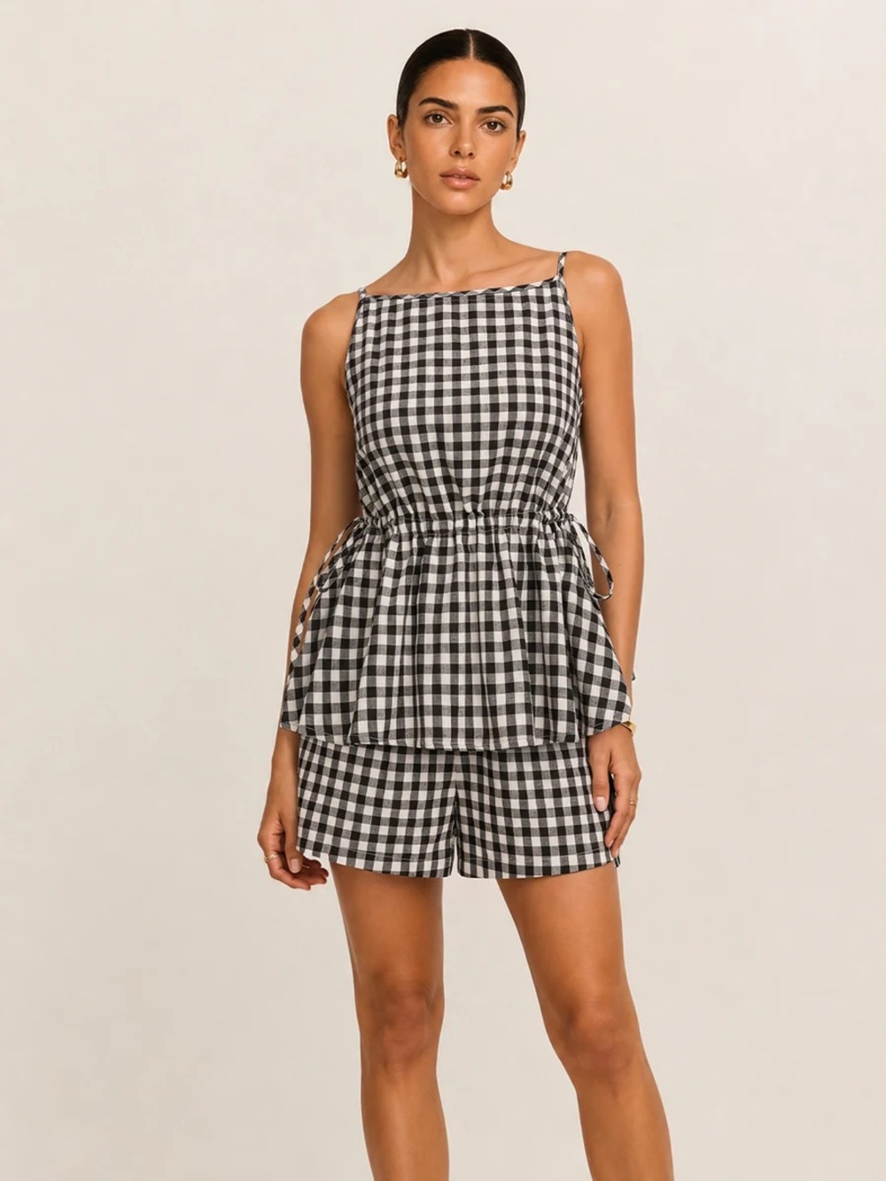 Commense Gingham Drawstring Peplum Top & Shorts Set
